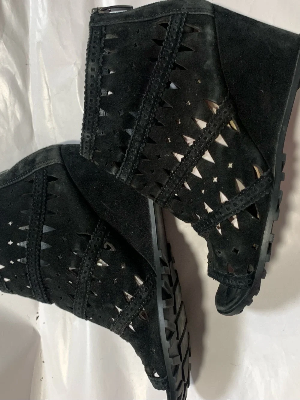 Black Laser-Cut Suede Peep-Toe Wedge Sandals size 7